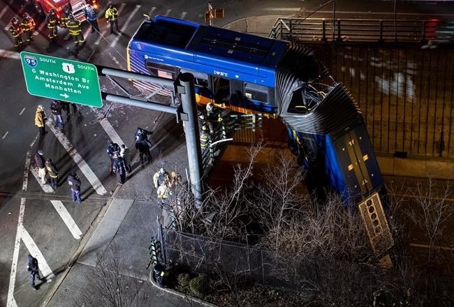 NEW YORK CITY LONG BUS TIPS HALF WAY OFF BRIDGE
